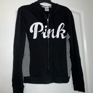 Pink Victoria’s Secret Zip-Up Jacket With Hood Black and Grey With White Letters